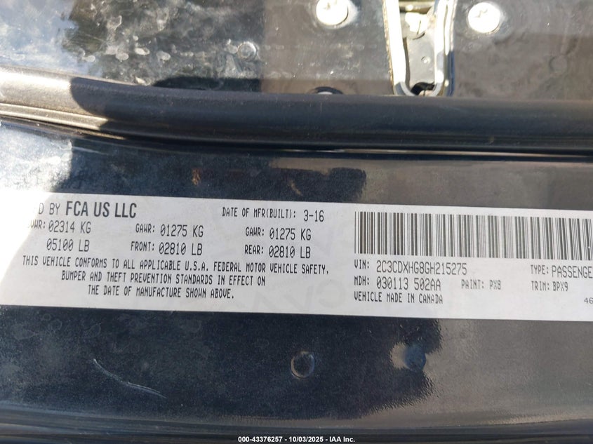 2016 DODGE CHARGER SXT - 2C3CDXHG8GH215275