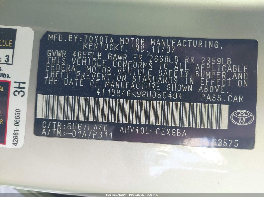 2008 Toyota Camry Hybrid VIN: 4T1BB46K98U050494 Lot: 43376261