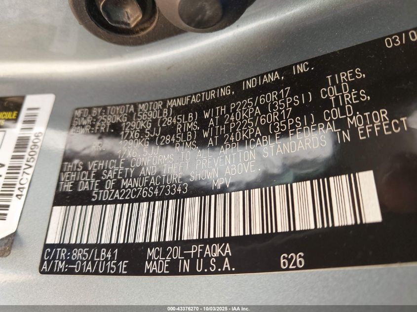 2006 Toyota Sienna Xle Limited VIN: 5TDZA22C76S473343 Lot: 43376270