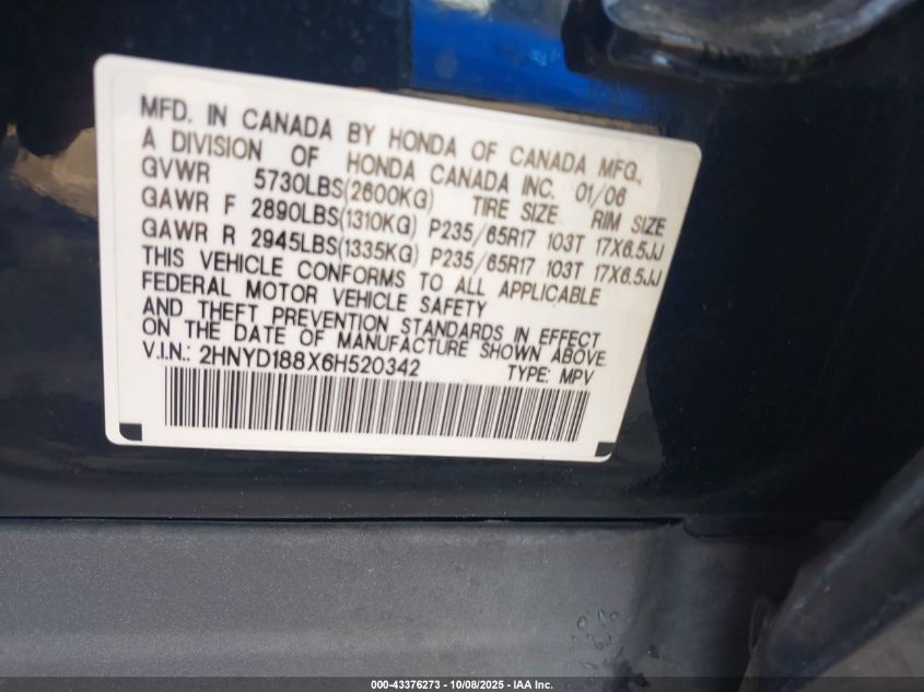 2006 Acura Mdx VIN: 2HNYD188X6H520342 Lot: 43376273