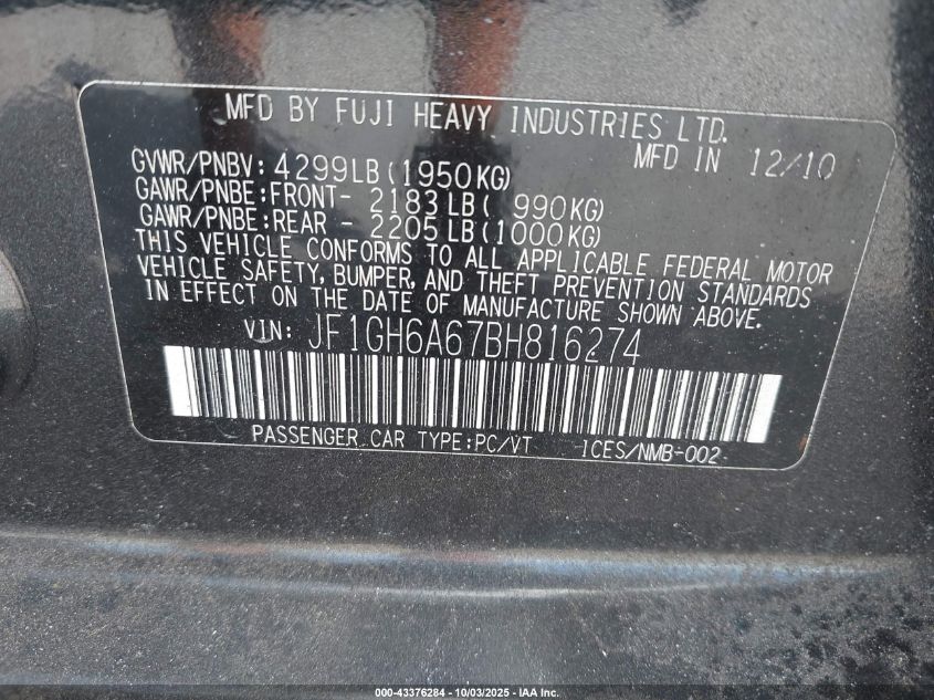 2011 Subaru Impreza 2.5I VIN: JF1GH6A67BH816274 Lot: 43376284