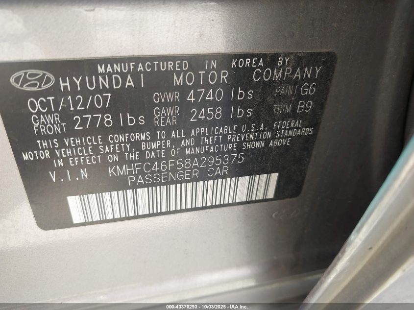 2008 Hyundai Azera Limited VIN: KMHFC46F58A295375 Lot: 43376293