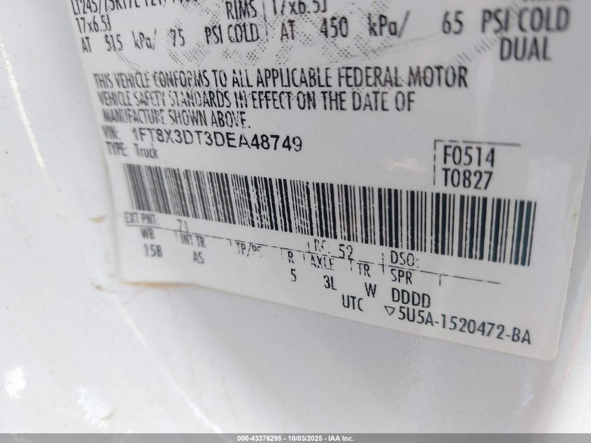 2013 Ford F-350 Xl VIN: 1FT8X3DT3DEA48749 Lot: 43376295