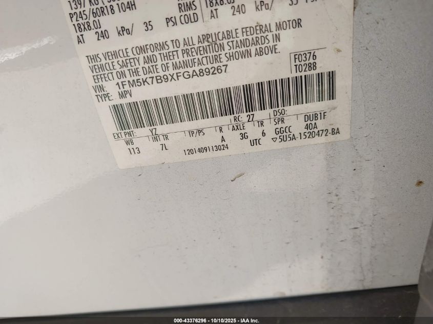 2015 Ford Explorer VIN: 1FM5K7B9XFGA89267 Lot: 43376296