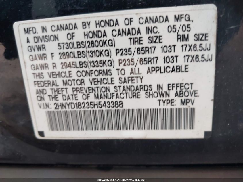 2005 Acura Mdx VIN: 2HNYD18235H543388 Lot: 43376317
