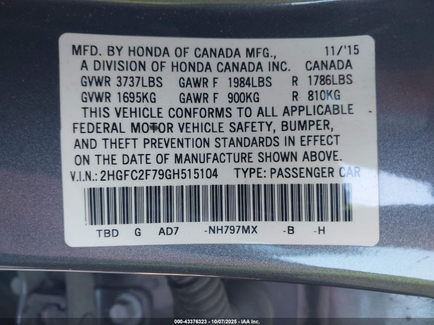 2016 Honda Civic Ex VIN: 2HGFC2F79GH515104 Lot: 43376323