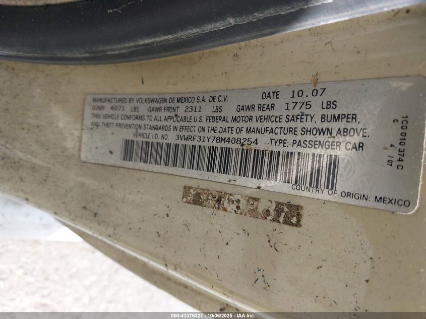 2008 Volkswagen New Beetle Se VIN: 3VWRF31Y78M408254 Lot: 43376327