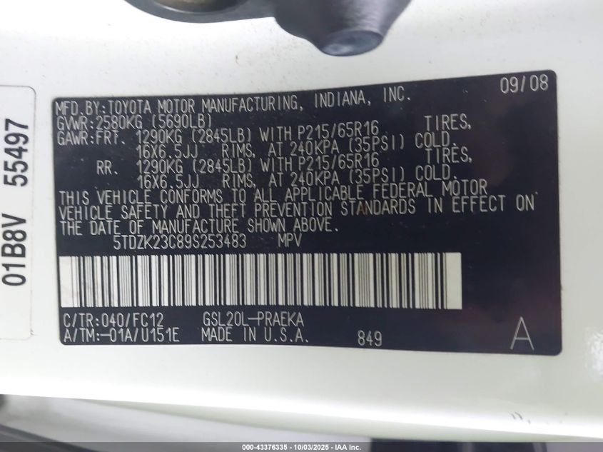 2009 Toyota Sienna Le VIN: 5TDZK23C89S253483 Lot: 43376335