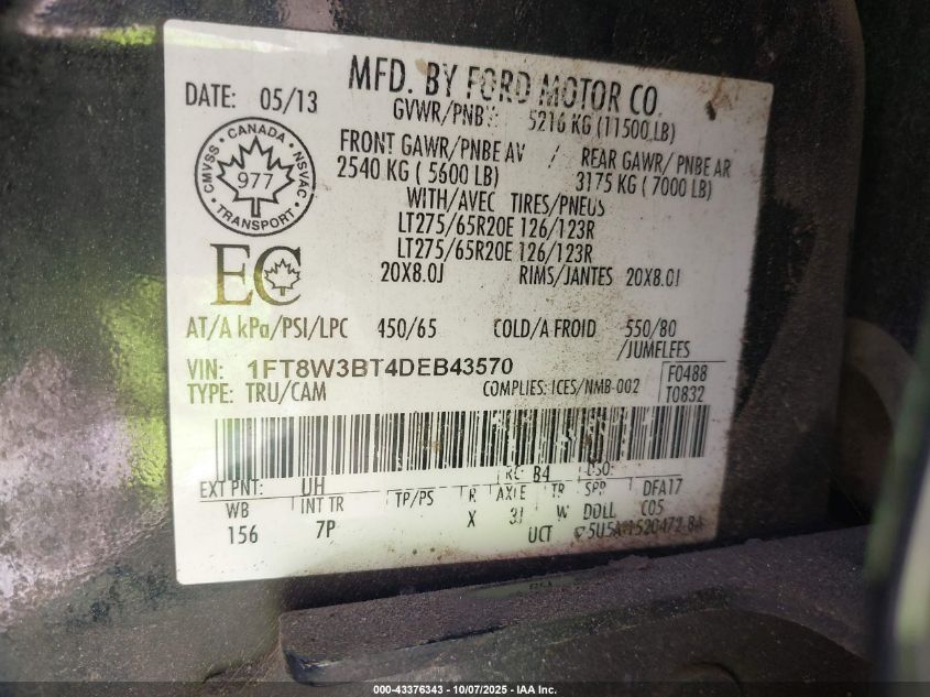 2013 Ford F-350 Lariat VIN: 1FT8W3BT4DEB43570 Lot: 43376343
