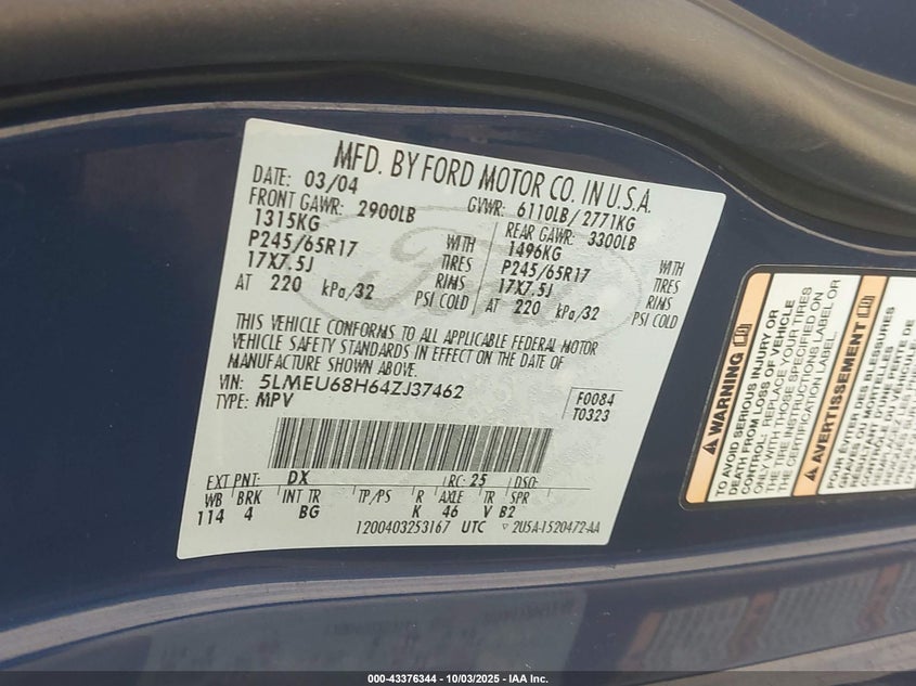 2004 Lincoln Aviator VIN: 5LMEU68H64ZJ37462 Lot: 43376344