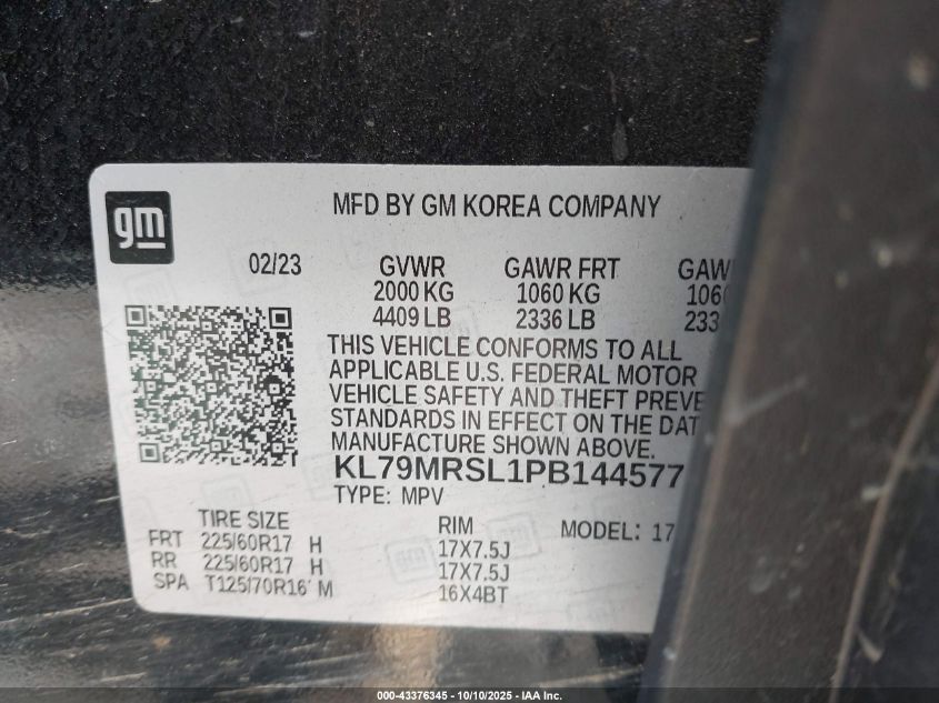 2023 Chevrolet Trailblazer Awd Lt VIN: KL79MRSL1PB144577 Lot: 43376345