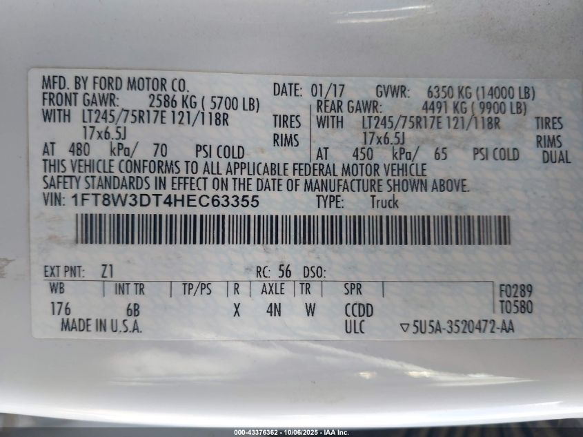 2017 Ford F-350 Lariat VIN: 1FT8W3DT4HEC63355 Lot: 43376362