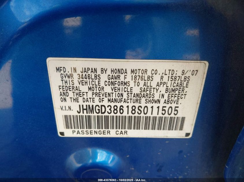 2008 Honda Fit Sport VIN: JHMGD38618S011505 Lot: 43376363