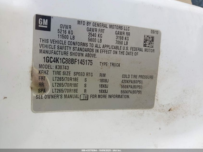 2011 Chevrolet Silverado 3500Hd Ltz VIN: 1GC4K1C88BF145175 Lot: 43376364