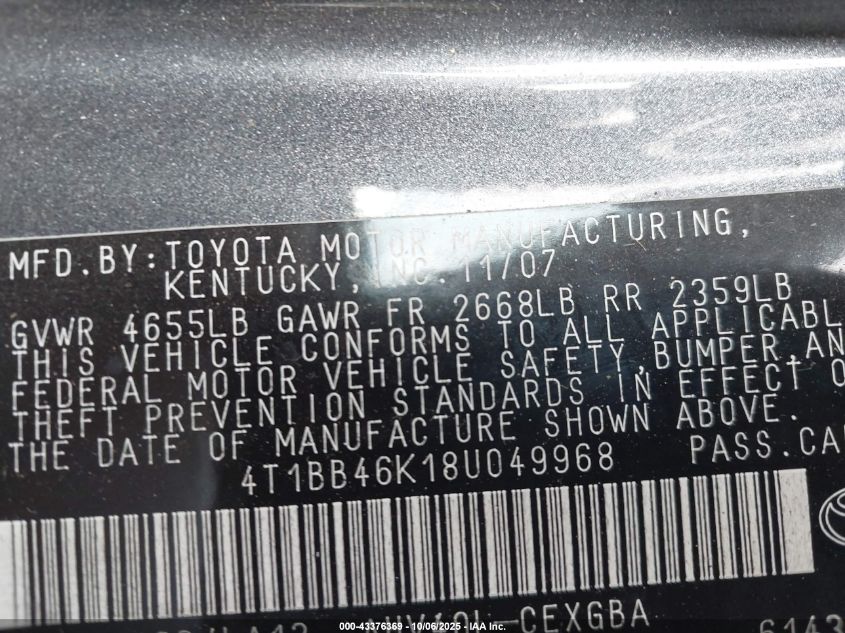 2008 Toyota Camry Hybrid VIN: 4T1BB46K18U049968 Lot: 43376369