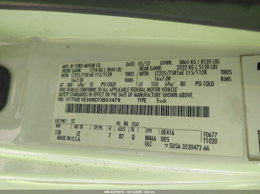 2013 Ford E-150 Commercial VIN: 1FTNE1EW8DDB03479 Lot: 43376372