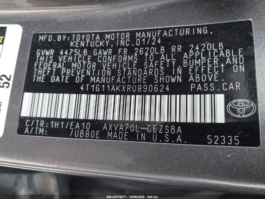 2024 Toyota Camry Se VIN: 4T1G11AKXRU890624 Lot: 43376377