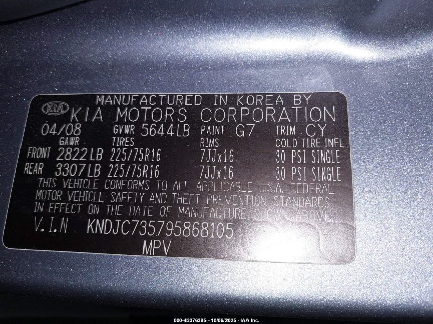 2009 Kia Sorento Lx VIN: KNDJC735795868105 Lot: 43376385