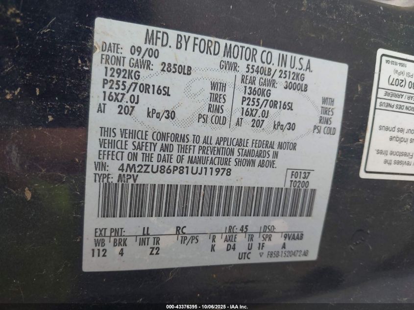 2001 Mercury Mountaineer VIN: 4M2ZU86P81UJ11978 Lot: 43376395