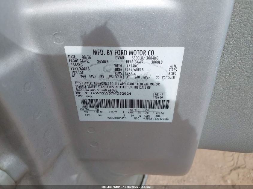 2007 Ford F-150 Xlt VIN: 1FTRW12W57KD52924 Lot: 43376401