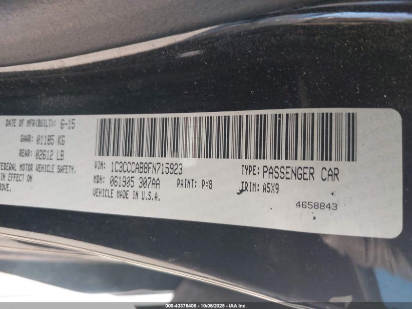 2015 Chrysler 200 Limited VIN: 1C3CCCAB8FN715923 Lot: 43376408