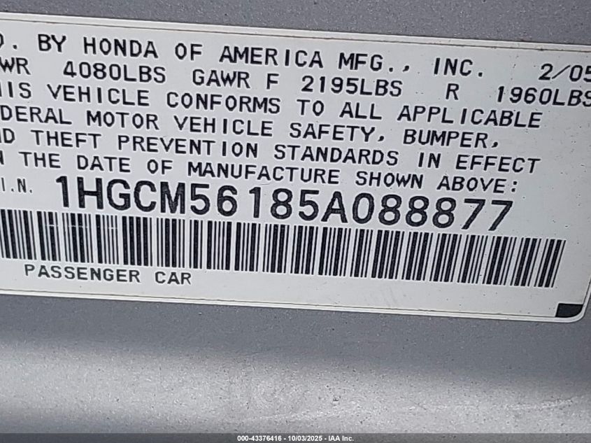 2005 Honda Accord 2.4 Dx VIN: 1HGCM56185A088877 Lot: 43376416