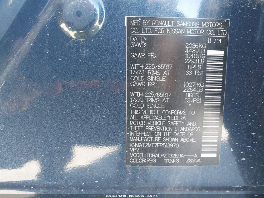 2015 Nissan Rogue S VIN: KNMAT2MT7FP513970 Lot: 43376419