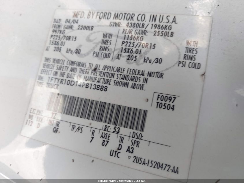 2004 Ford Ranger Xl/Xlt VIN: 1FTYR10D14PB13888 Lot: 43376420