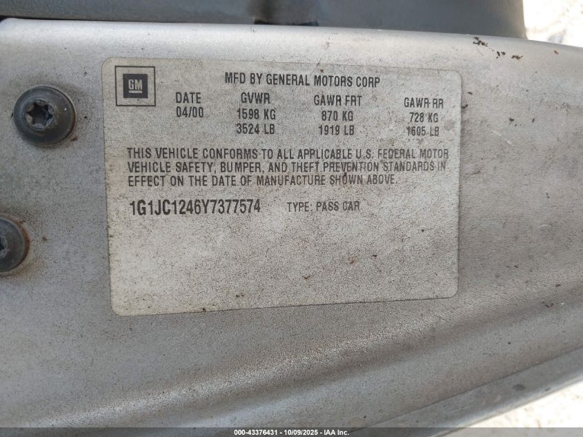2000 Chevrolet Cavalier VIN: 1G1JC1246Y7377574 Lot: 43376431