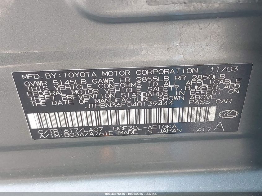 2004 Lexus Ls 430 VIN: JTHBN36F040139444 Lot: 43376436