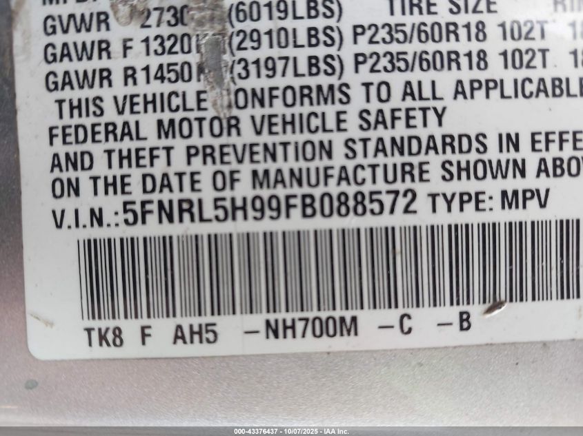 2015 Honda Odyssey Touring/Touring Elite VIN: 5FNRL5H99FB088572 Lot: 43376437