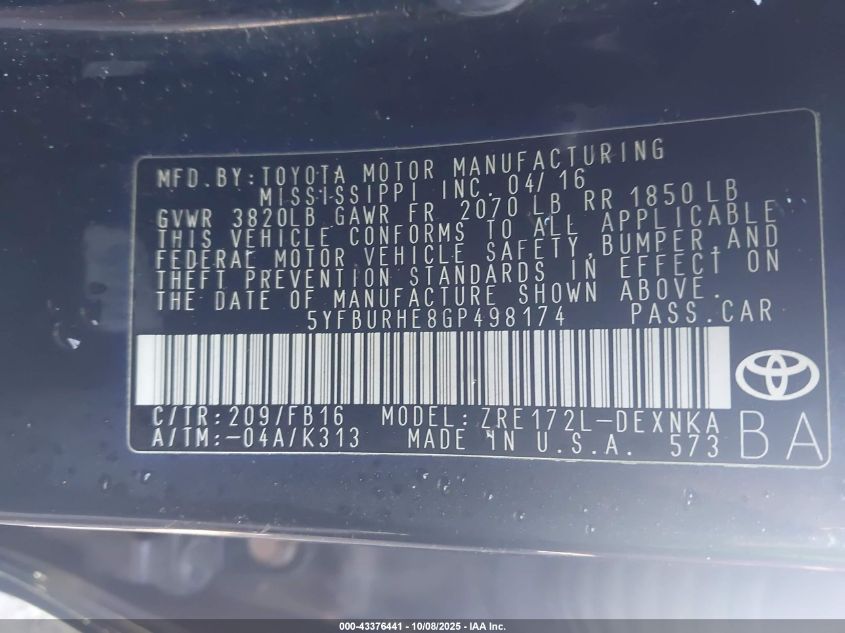 2016 Toyota Corolla Le VIN: 5YFBURHE8GP498174 Lot: 43376441
