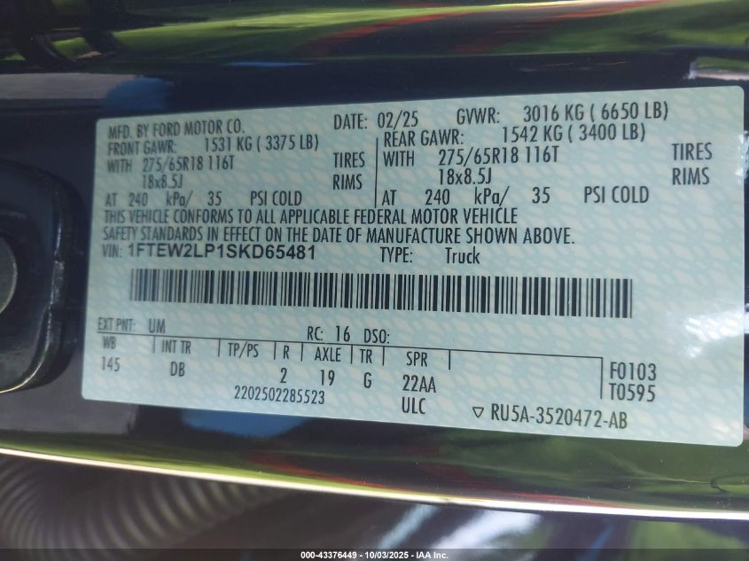 2025 Ford F-150 Stx VIN: 1FTEW2LP1SKD65481 Lot: 43376449