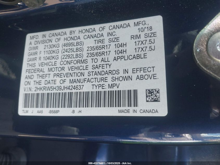 2018 Honda Cr-V Lx VIN: 2HKRW5H39JH424637 Lot: 43376481