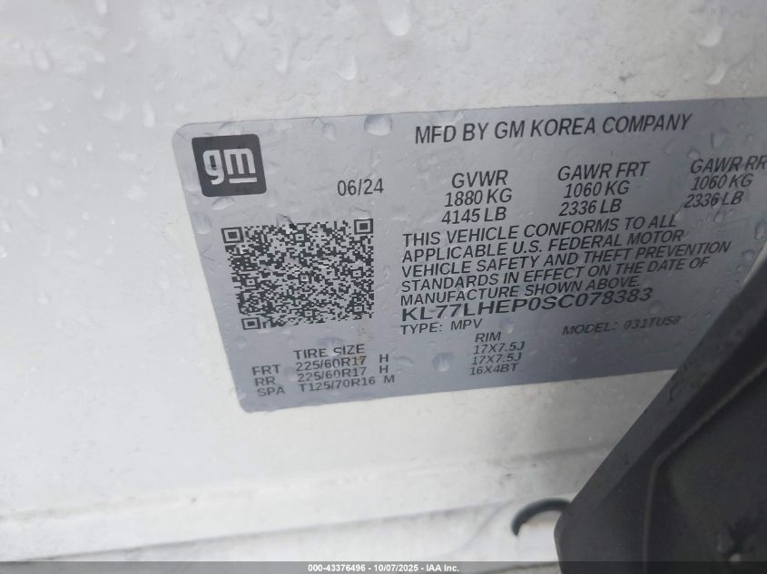 2025 Chevrolet Trax Fwd Lt VIN: KL77LHEP0SC078383 Lot: 43376496