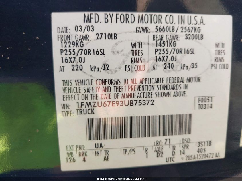 2003 Ford Explorer Sport Trac Xls/Xlt VIN: 1FMZU67E93UB75372 Lot: 43376498