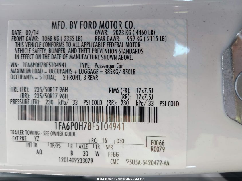 2015 Ford Fusion Se VIN: 1FA6P0H78F5104941 Lot: 43376518