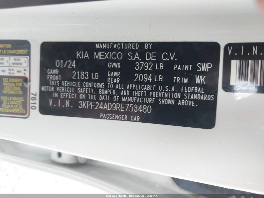 2024 Kia Forte Lxs VIN: 3KPF24AD9RE753480 Lot: 43376520