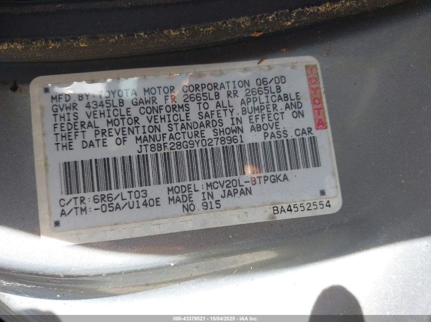 2000 Lexus Es 300 VIN: JT8BF28G9Y0278961 Lot: 43376521