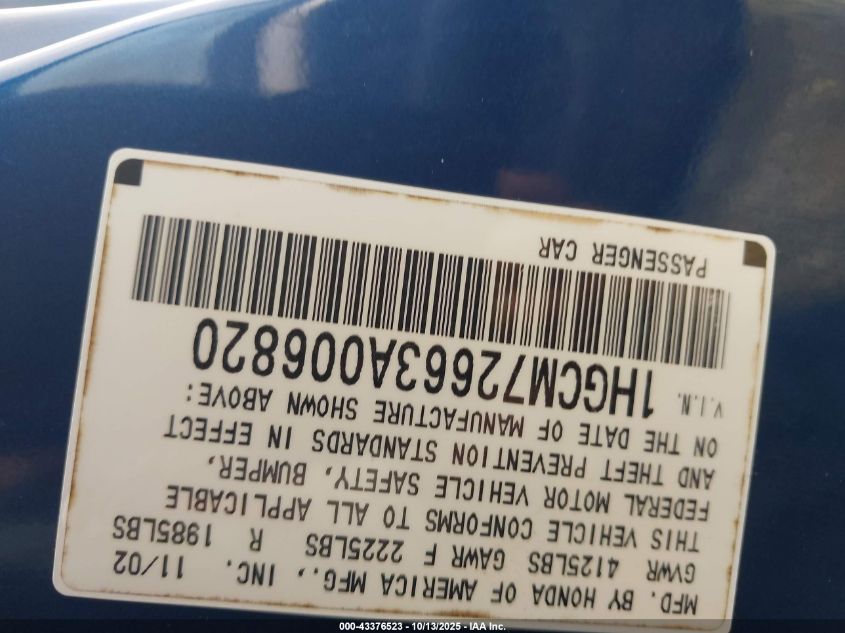 2003 Honda Accord 2.4 Ex VIN: 1HGCM72663A006820 Lot: 43376523