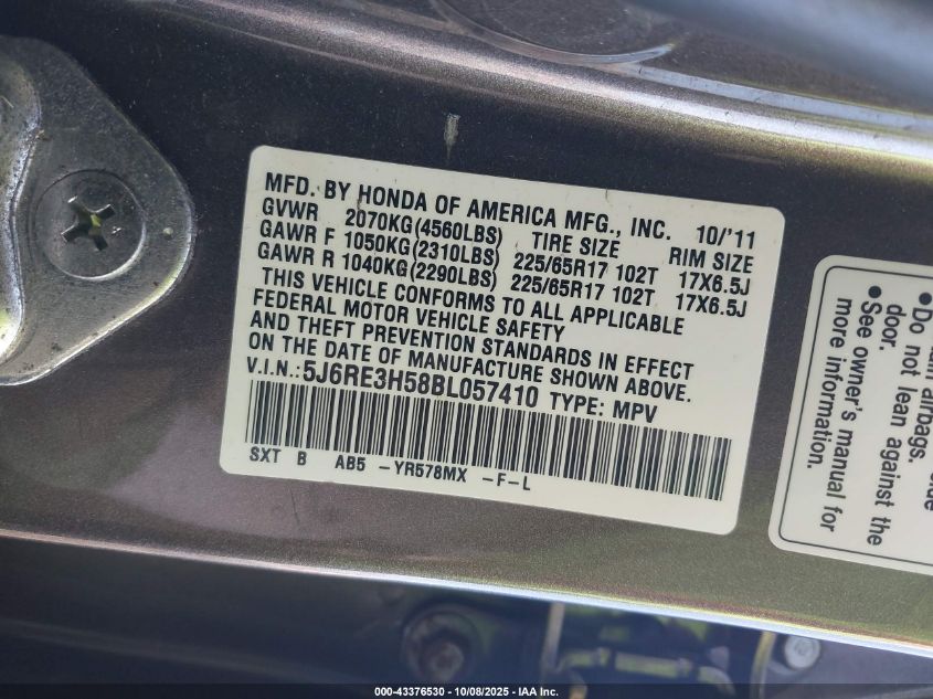 2011 Honda Cr-V Ex VIN: 5J6RE3H58BL057410 Lot: 43376530