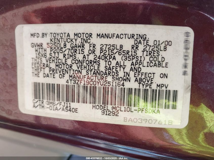 2000 Toyota Sienna Ce VIN: 4T3ZF19C0YU251164 Lot: 43376532