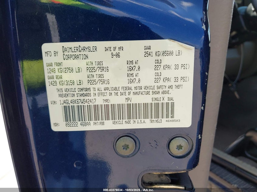 2007 Jeep Liberty Sport VIN: 1J4GL48K67W542417 Lot: 43376534