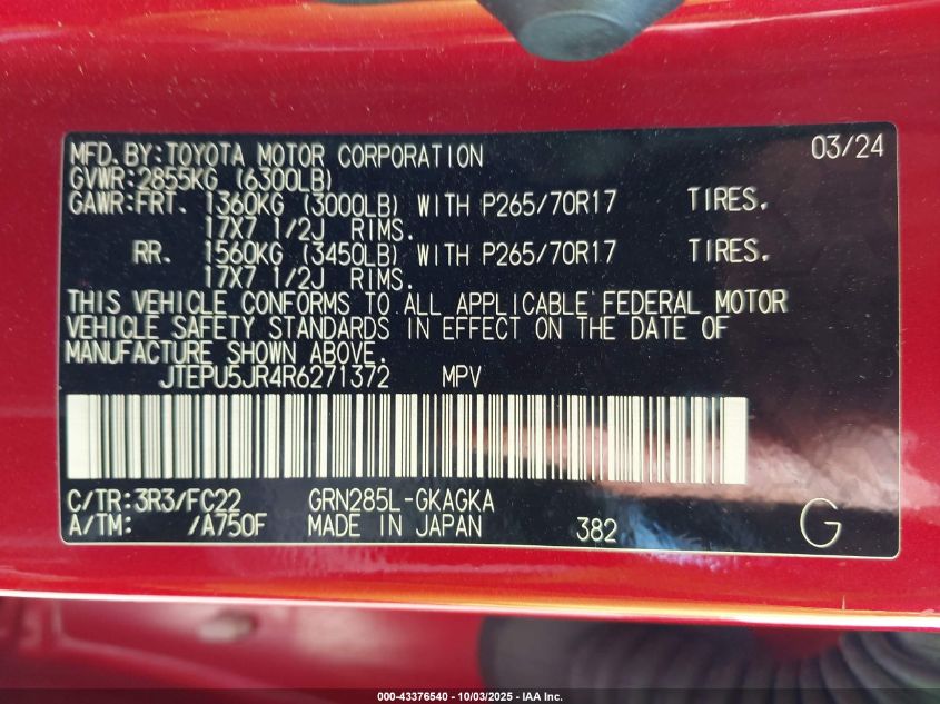 2024 Toyota 4Runner Trd Off Road VIN: JTEPU5JR4R6271372 Lot: 43376540