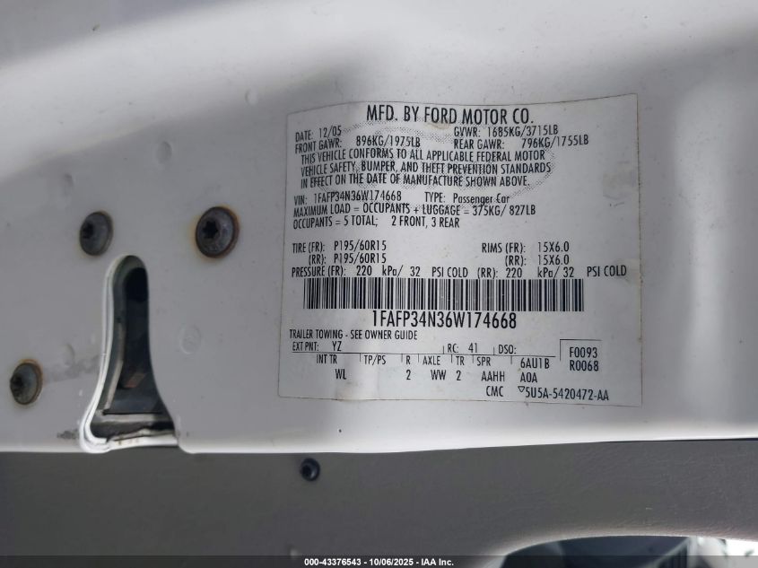 2006 Ford Focus Zx4 VIN: 1FAFP34N36W174668 Lot: 43376543