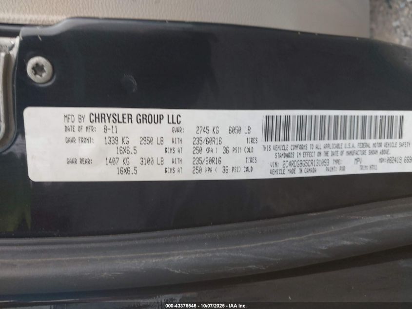 2012 Dodge Grand Caravan Se/Avp VIN: 2C4RDGBG5CR131093 Lot: 43376546