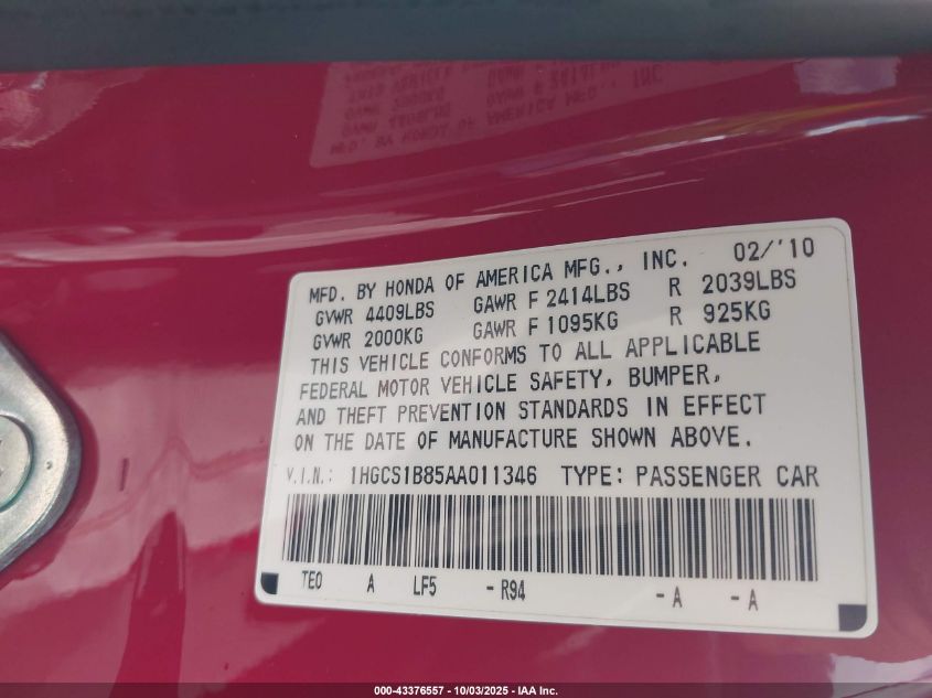 2010 Honda Accord 2.4 Ex-L VIN: 1HGCS1B85AA011346 Lot: 43376557