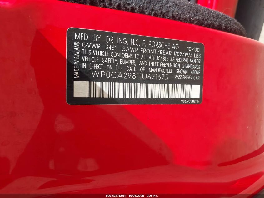 2001 Porsche Boxster VIN: WP0CA29811U621675 Lot: 43376561