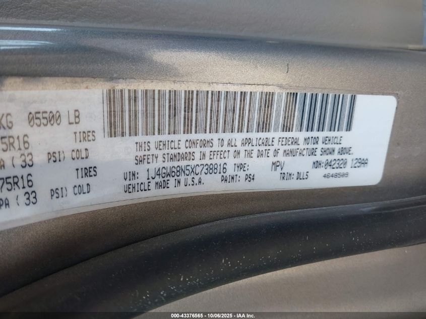 1999 Jeep Grand Cherokee Limited VIN: 1J4GW68N5XC738816 Lot: 43376565