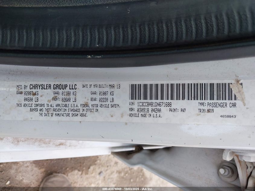 2013 Chrysler 200 Lx VIN: 1C3CCBAB1DN671688 Lot: 43376569